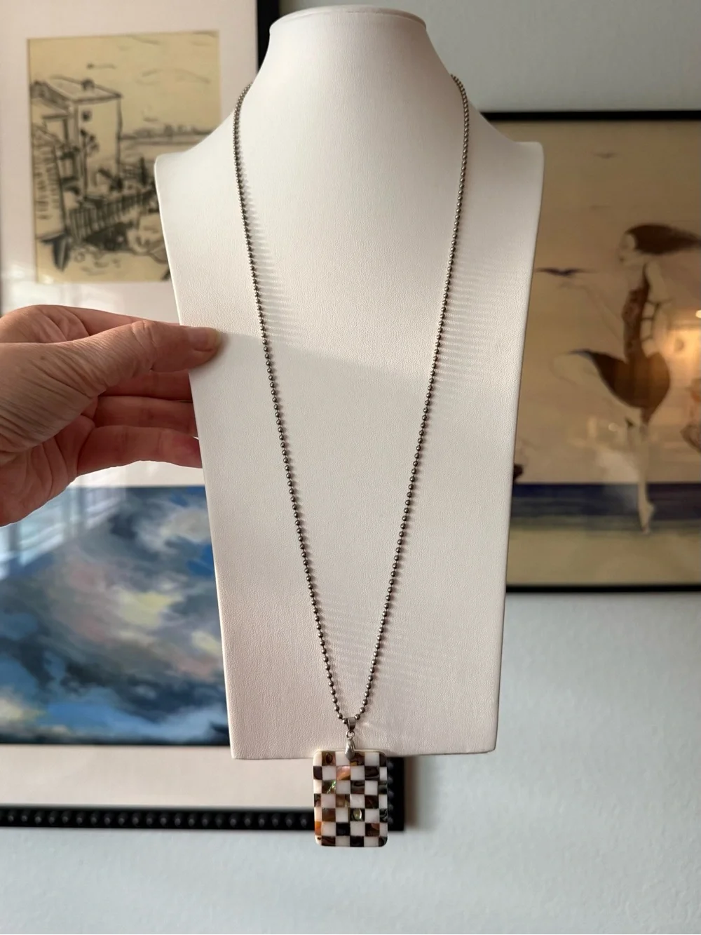 Vintage Mother-of-Pearl Abalone Checkered Pendant Necklace SilverTone Ball Chain